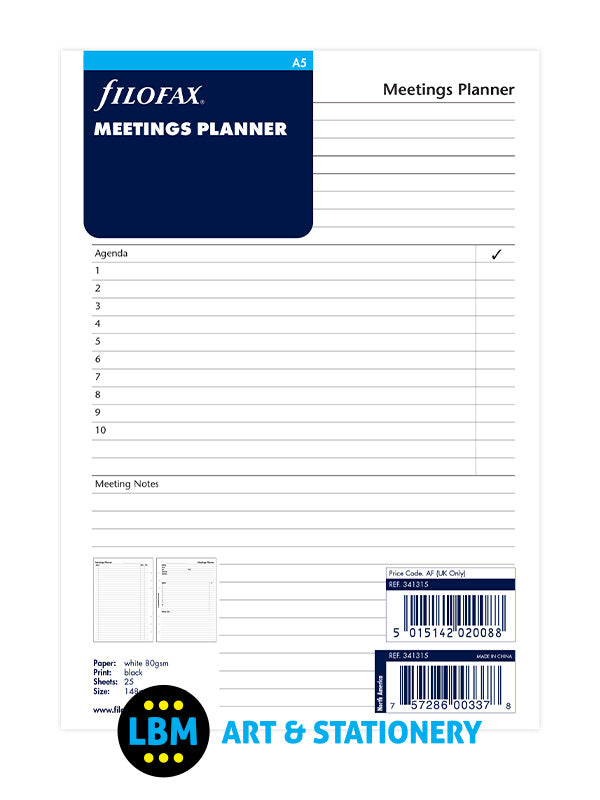 Filofax - A5 size Meetings Planner Notepaper Organiser Refill 341315 - LBM Art & Stationery Store