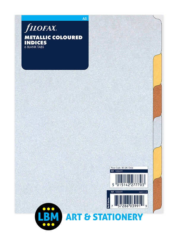 Filofax - A5 size Metallic Coloured Index 6-Part Blank Tab Divider Refill 132619 - LBM Art & Stationery Store