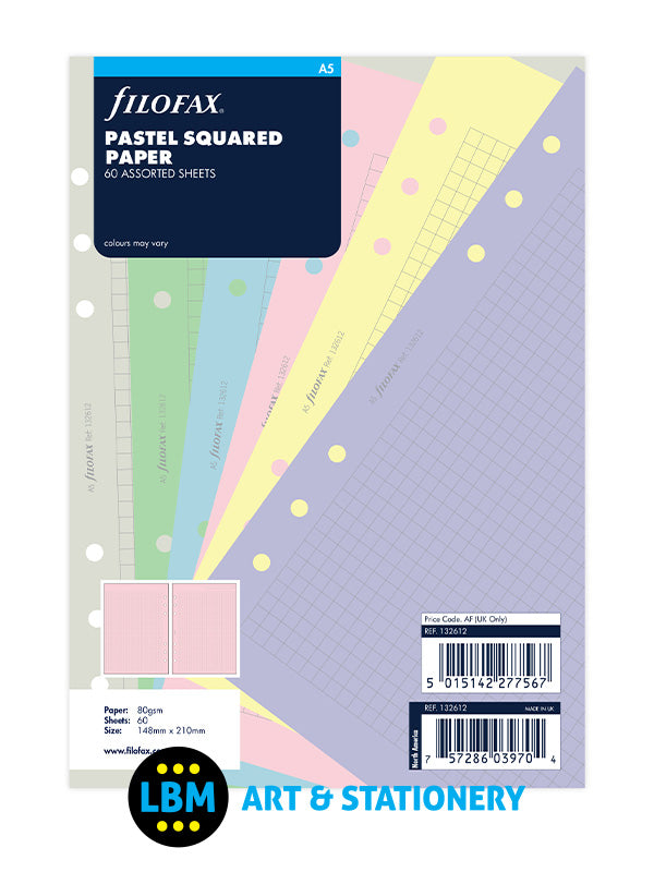 Filofax - A5 size Pastel Squared Paper Assorted Colours Insert Refill 132612 - LBM Art & Stationery Store