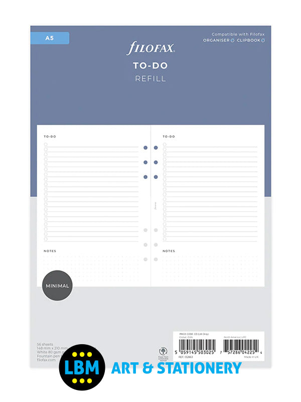 Filofax - A5 size To Do Organiser Minimal Design Refill 132863 - LBM Art & Stationery Store