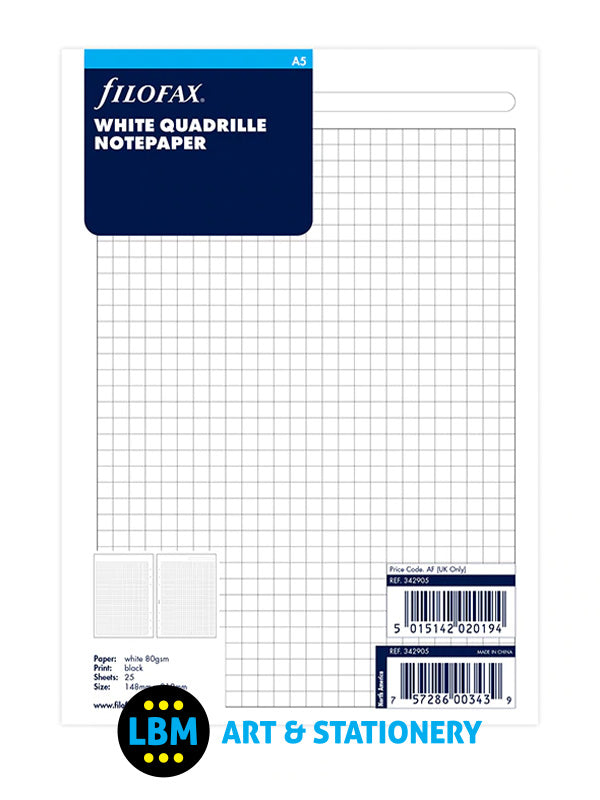 Filofax - A5 size White Quadrille Squared Notepaper Refill Insert 342905 - LBM Art & Stationery Store