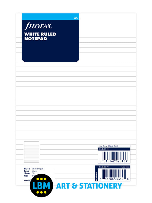 Filofax - A5 size White Ruled Lined NOTEPAD Notepaper Insert Refill 342210 - LBM Art & Stationery Store