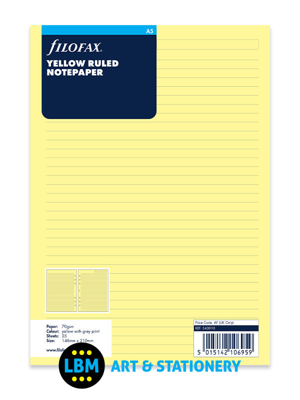 Filofax - A5 size Yellow Ruled Lined Notepaper Organiser Refill 343010 - LBM Art & Stationery Store