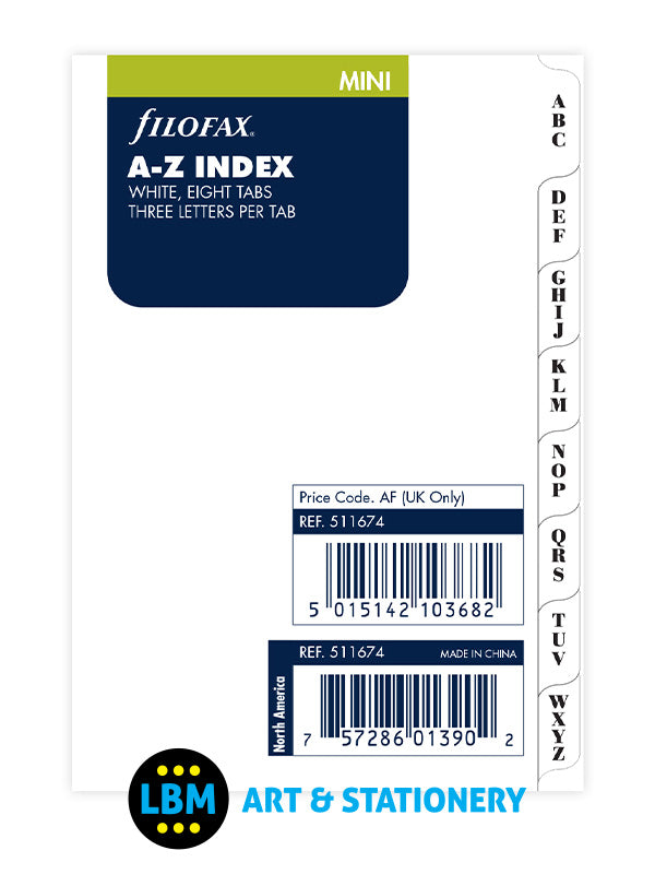 Filofax - Mini size A-Z Alphabetical Index White Divider Organiser Refill 511674 - LBM Art & Stationery Store