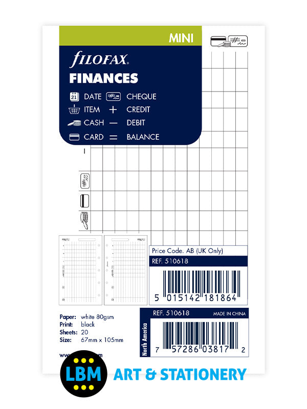 Filofax - Mini size Finances Notepaper Organiser Refill 510618 - LBM Art & Stationery Store
