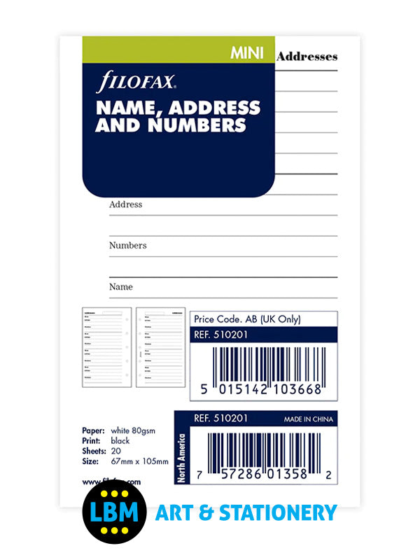 Filofax - Name Address And Numbers Organiser Refill Mini size 510201 - LBM Art & Stationery Store