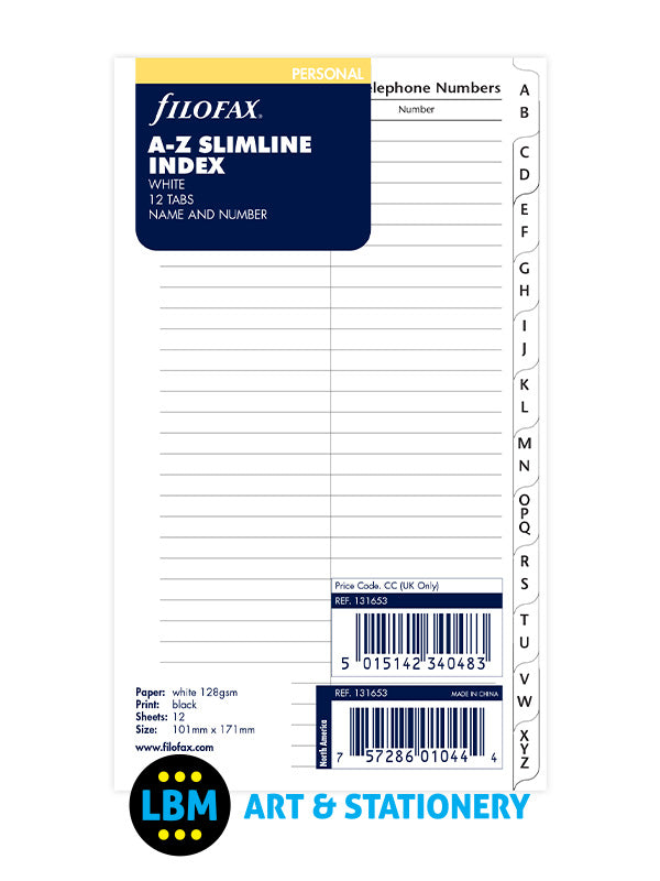 Filofax - Personal A-Z Slimline Name & Number Index White Divider Refill 131653 - LBM Art & Stationery Store