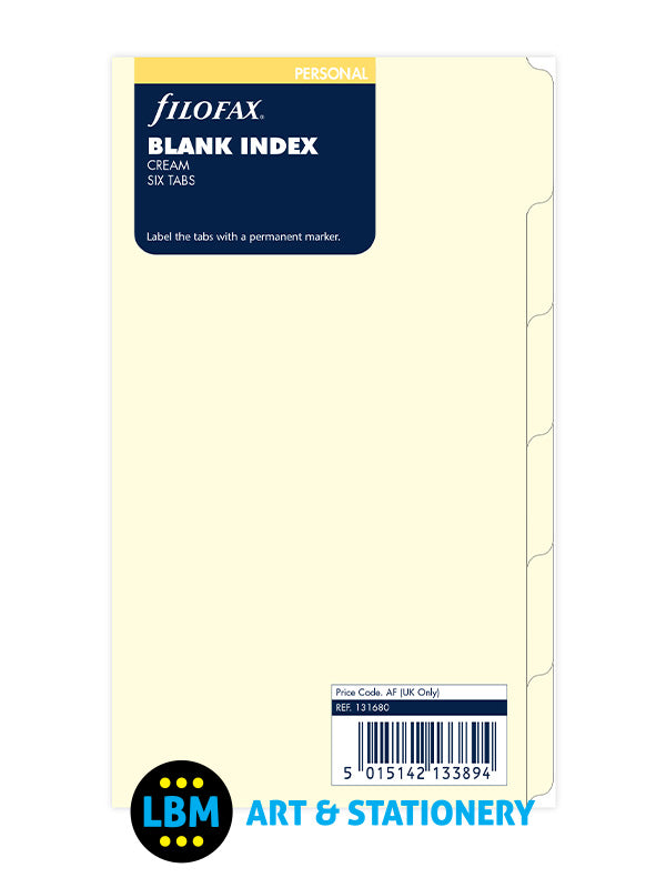 Filofax - Personal size Blank Plain Tab Index Cream Divider Insert Refill 131680 - LBM Art & Stationery Store