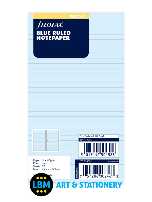 Filofax - Personal size Blue Ruled Lined Notepaper Organiser Refill 133001 - LBM Art & Stationery Store