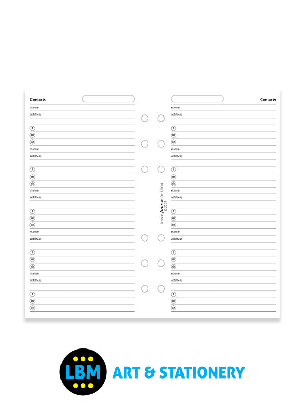 Filofax - Personal size Contacts Name Address Telephone Organiser Refill 130201 - LBM Art & Stationery Store