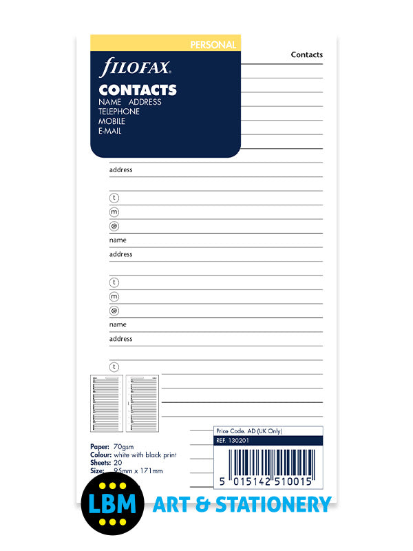 Filofax - Personal size Contacts Name Address Telephone Organiser Refill 130201 - LBM Art & Stationery Store