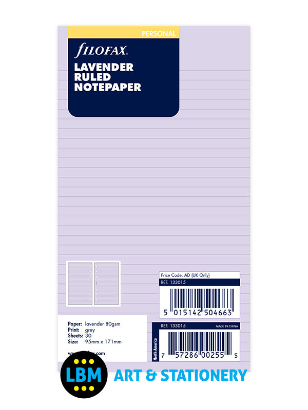 Filofax - Personal size Lavender Ruled Notepaper Organiser Refill 133015 - LBM Art & Stationery Store