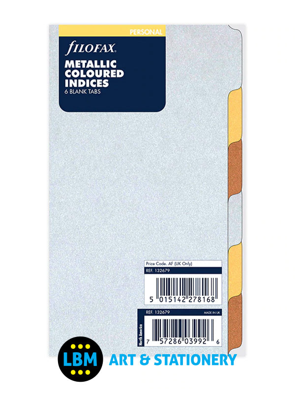 Filofax - Personal size Metallic Coloured 6 Blank Tabs Indices Insert 132679 - LBM Art & Stationery Store