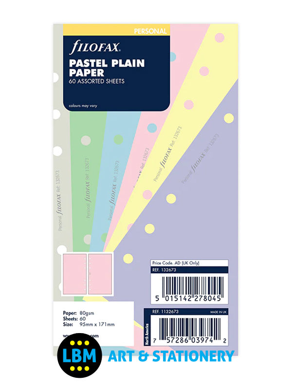 Filofax - Personal size Pastel Plain Paper Assorted Colours Insert Refill 132673 - LBM Art & Stationery Store
