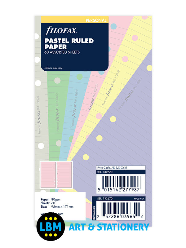 Filofax - Personal size Pastel Ruled Paper Assorted Colours Refill 132670 - LBM Art & Stationery Store