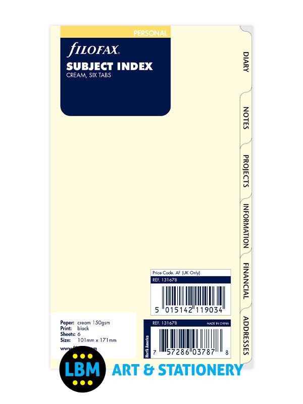 Filofax - Personal size Subject 6-Part Index Cream Divider Organiser Refill 131678 - LBM Art & Stationery Store