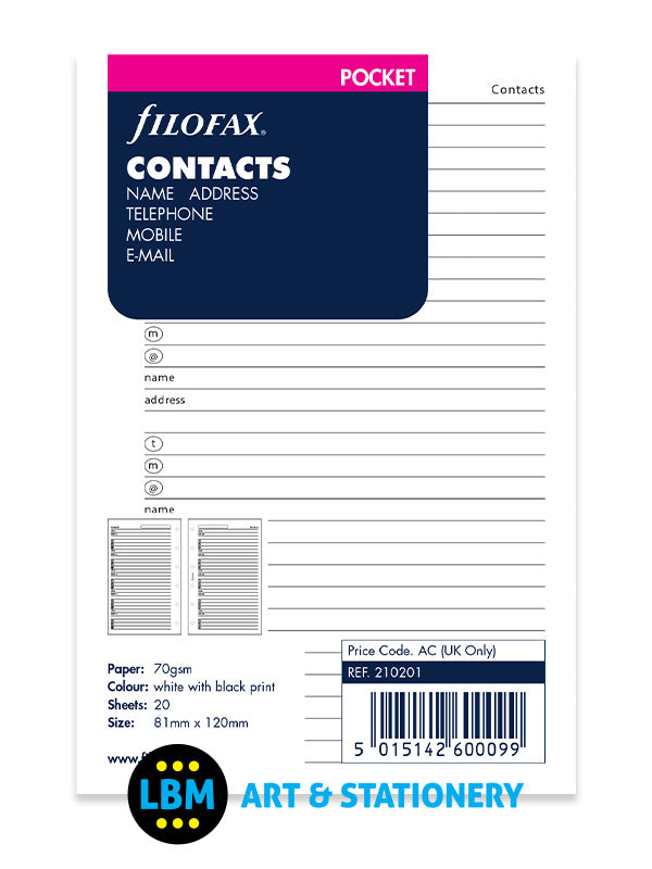 Filofax - Pocket size Contacts Name Address Telephone Organiser Refill 210201 - LBM Art & Stationery Store