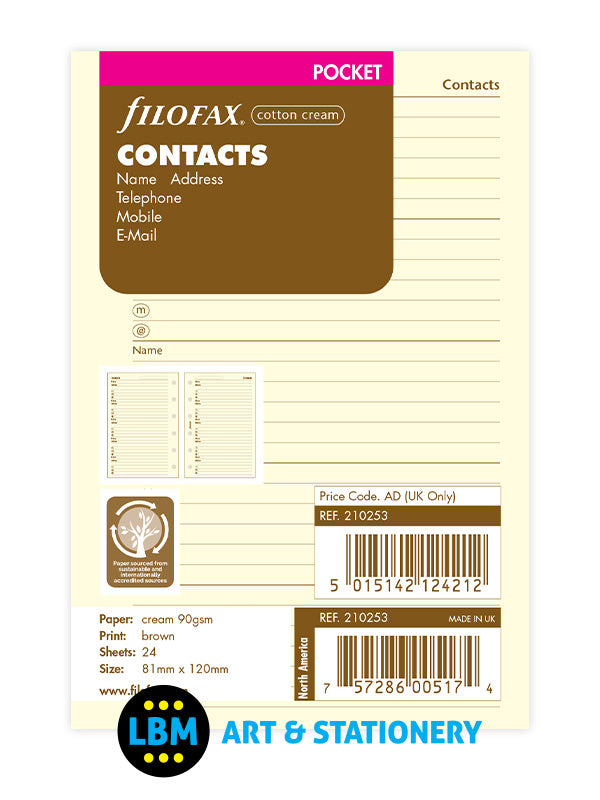 Filofax - Pocket size Cotton Cream Contacts Name Address Telephone Refill 210253 - LBM Art & Stationery Store