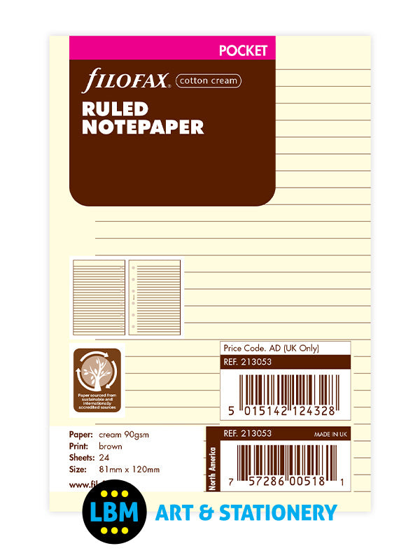 Filofax - Pocket size Cotton Cream Ruled Lined Notepaper Refill 213053 - LBM Art & Stationery Store