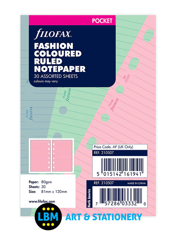 Filofax - Pocket size Fashion Coloured Ruled Notepaper Organiser Refill 210507 - LBM Art & Stationery Store