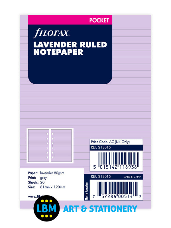 Filofax - Pocket size Lavender Ruled Notepaper Organiser Refill 213015 - LBM Art & Stationery Store