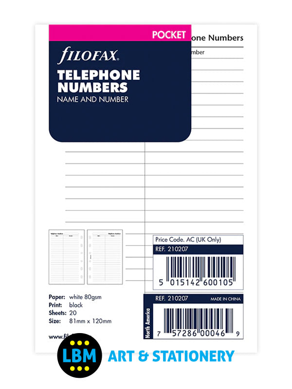 Filofax - Pocket size Telephone Numbers Name and Number Organiser Refill 210207 - LBM Art & Stationery Store