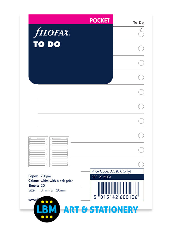 Filofax - Pocket size To Do Notepaper Organiser Refill 212204 - LBM Art & Stationery Store