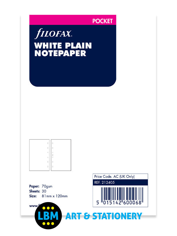 Filofax - Pocket size White Plain Blank Notepaper Organiser Refill 212405 - LBM Art & Stationery Store