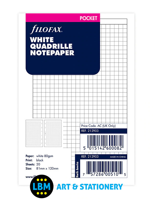Filofax - Pocket size White Quadrille Squared Notepaper Organiser Refill 212903 - LBM Art & Stationery Store