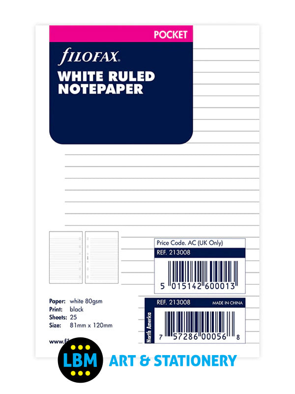 Filofax - Pocket size White Ruled Notepaper Organiser Refill 213008 - LBM Art & Stationery Store