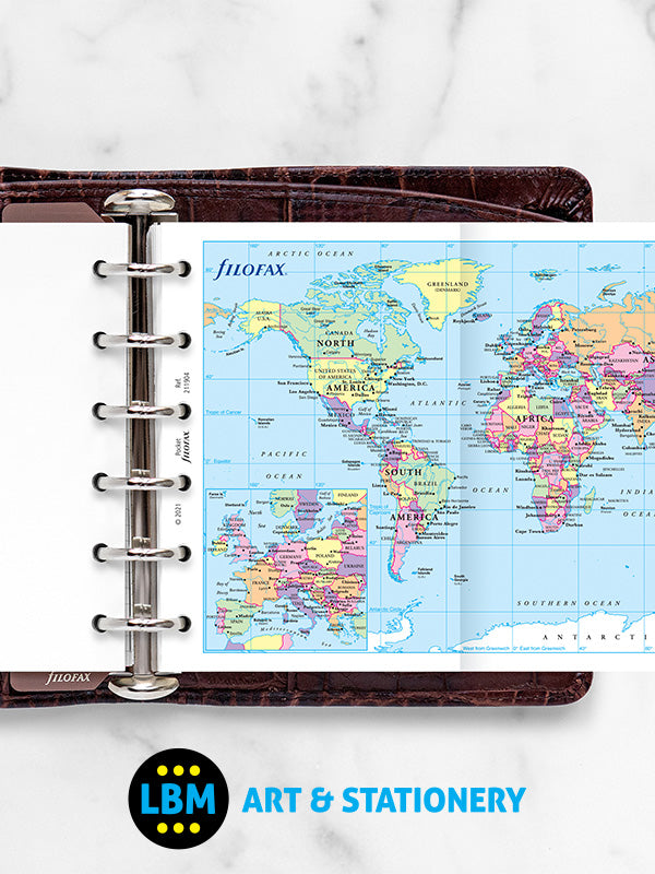 Filofax - Pocket size World Map Political and Time Zones Insert Refill 211904 - LBM Art & Stationery Store