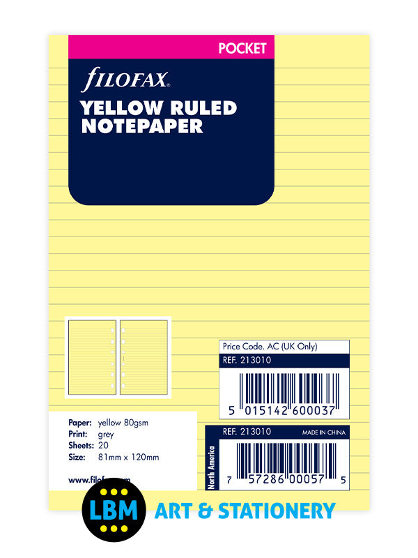 Filofax - Pocket size Yellow Ruled Lined Notepaper Organiser Refill 213010 - LBM Art & Stationery Store