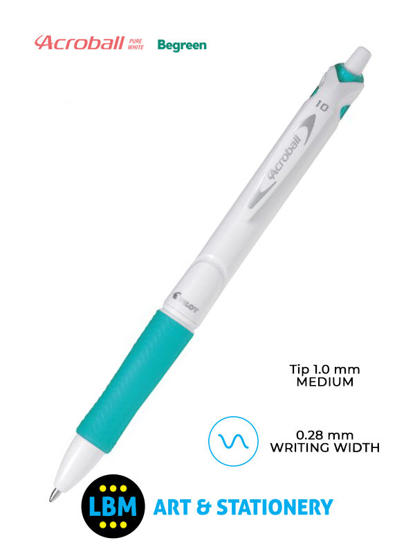 Pilot - Acroball Pure White Begreen Retractable Ballpoint Pen - Choose Colour - BAB-15M-BG - LBM Art & Stationery Store
