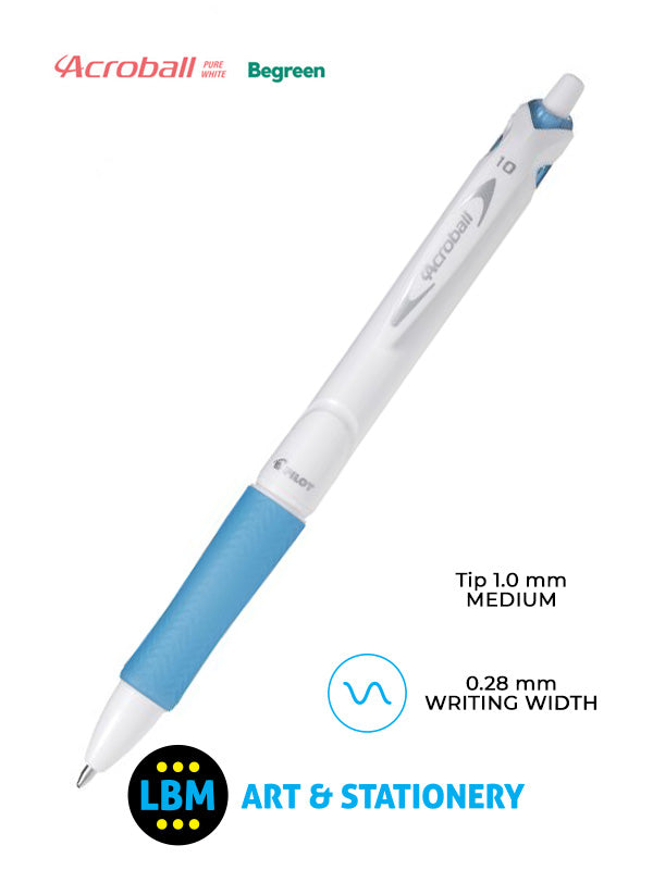 Pilot - Acroball Pure White Begreen Retractable Ballpoint Pen - Choose Colour - BAB-15M-BG - LBM Art & Stationery Store