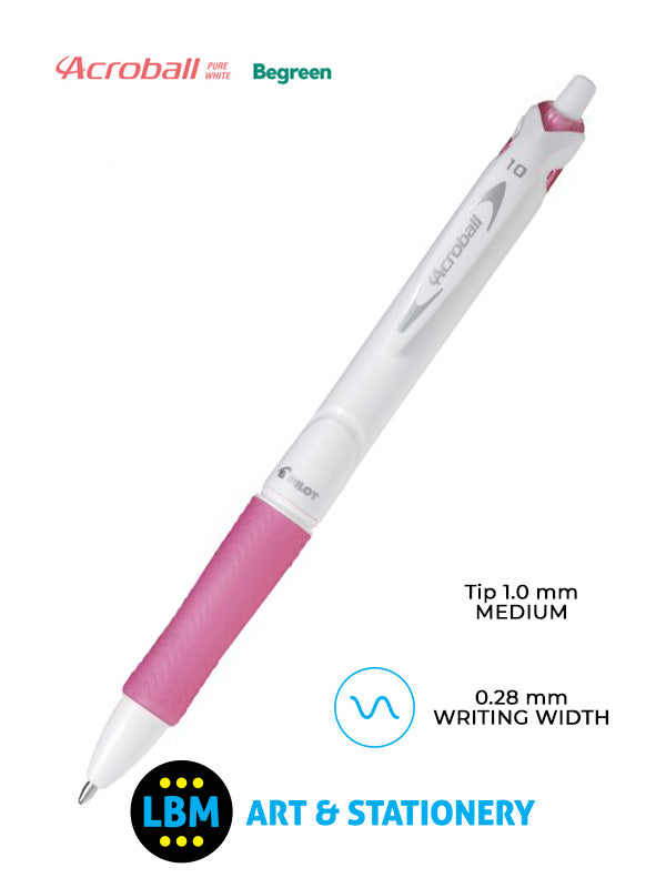 Pilot - Acroball Pure White Begreen Retractable Ballpoint Pen - Choose Colour - BAB-15M-BG - LBM Art & Stationery Store